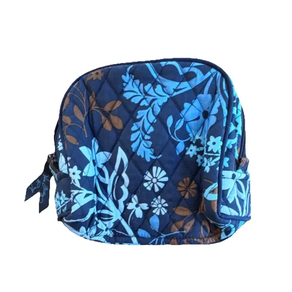 Vera Bradley‎ Blue Brown Floral Quilted Fabric Makeup Bag with Zipper